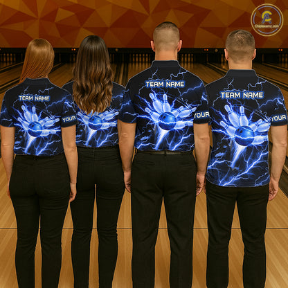 Personalized Lightning Skull Blue Bowling Shirt For Men, Bowling Team Jersey Polo & 1/4 Zip TDM6159