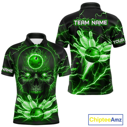 Personalized Lightning Skull Green Bowling Shirt For Men, Bowling Team Jersey Polo & 1/4 Zip TDM6160