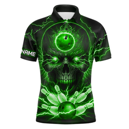 Personalized Lightning Skull Green Bowling Shirt For Men, Bowling Team Jersey Polo & 1/4 Zip TDM6160