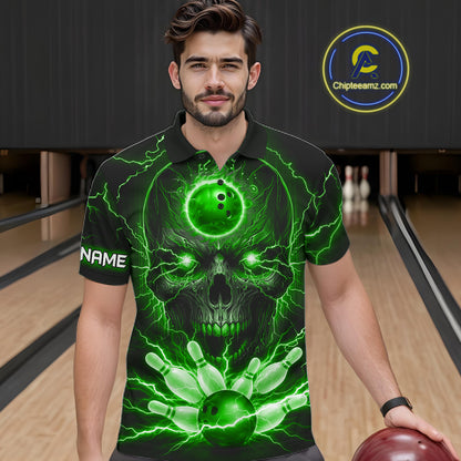 Personalized Lightning Skull Green Bowling Shirt For Men, Bowling Team Jersey Polo & 1/4 Zip TDM6160