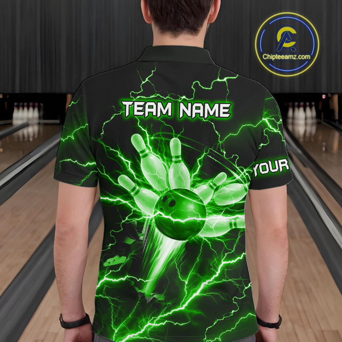 Personalized Lightning Skull Green Bowling Shirt For Men, Bowling Team Jersey Polo & 1/4 Zip TDM6160