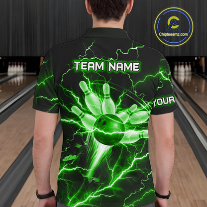 Personalized Lightning Skull Green Bowling Shirt For Men, Bowling Team Jersey Polo & 1/4 Zip TDM6160