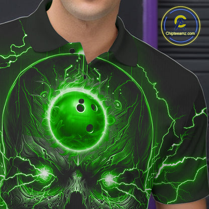 Personalized Lightning Skull Green Bowling Shirt For Men, Bowling Team Jersey Polo & 1/4 Zip TDM6160