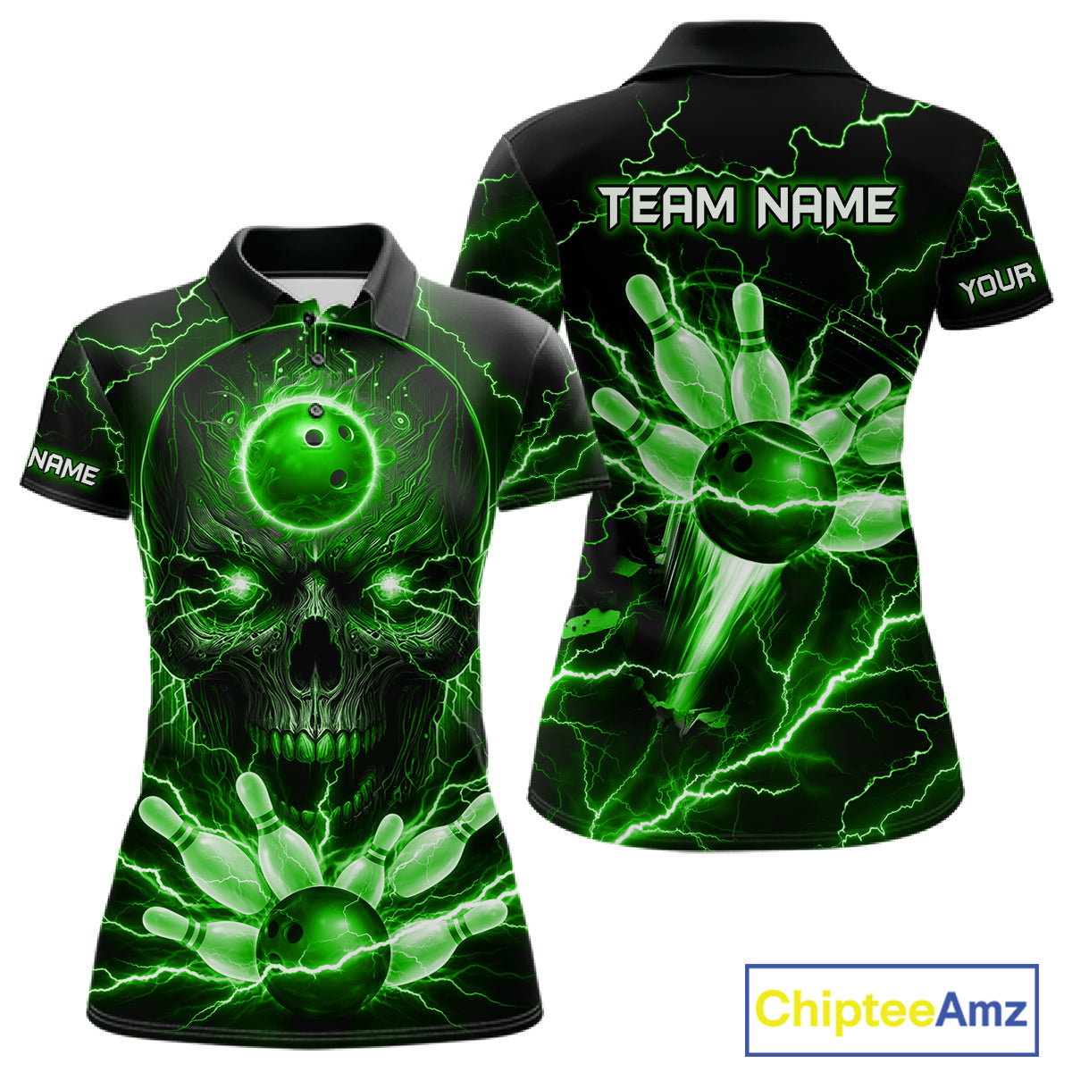 Personalized Lightning Skull Green Bowling Shirt For Women, Bowling Team Jersey Polo & 1/4 Zip TDM6160