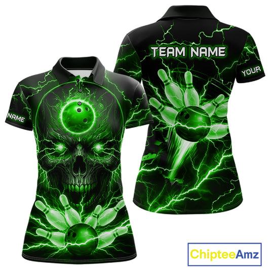 Personalized Lightning Skull Green Bowling Shirt For Women, Bowling Team Jersey Polo & 1/4 Zip TDM6160