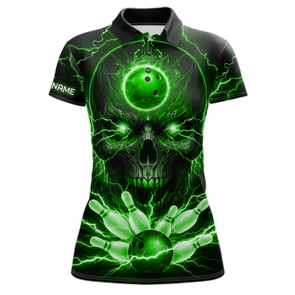 Personalized Lightning Skull Green Bowling Shirt For Women, Bowling Team Jersey Polo & 1/4 Zip TDM6160