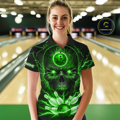 Personalized Lightning Skull Green Bowling Shirt For Women, Bowling Team Jersey Polo & 1/4 Zip TDM6160