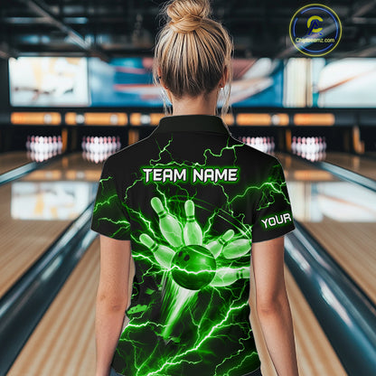 Personalized Lightning Skull Green Bowling Shirt For Women, Bowling Team Jersey Polo & 1/4 Zip TDM6160