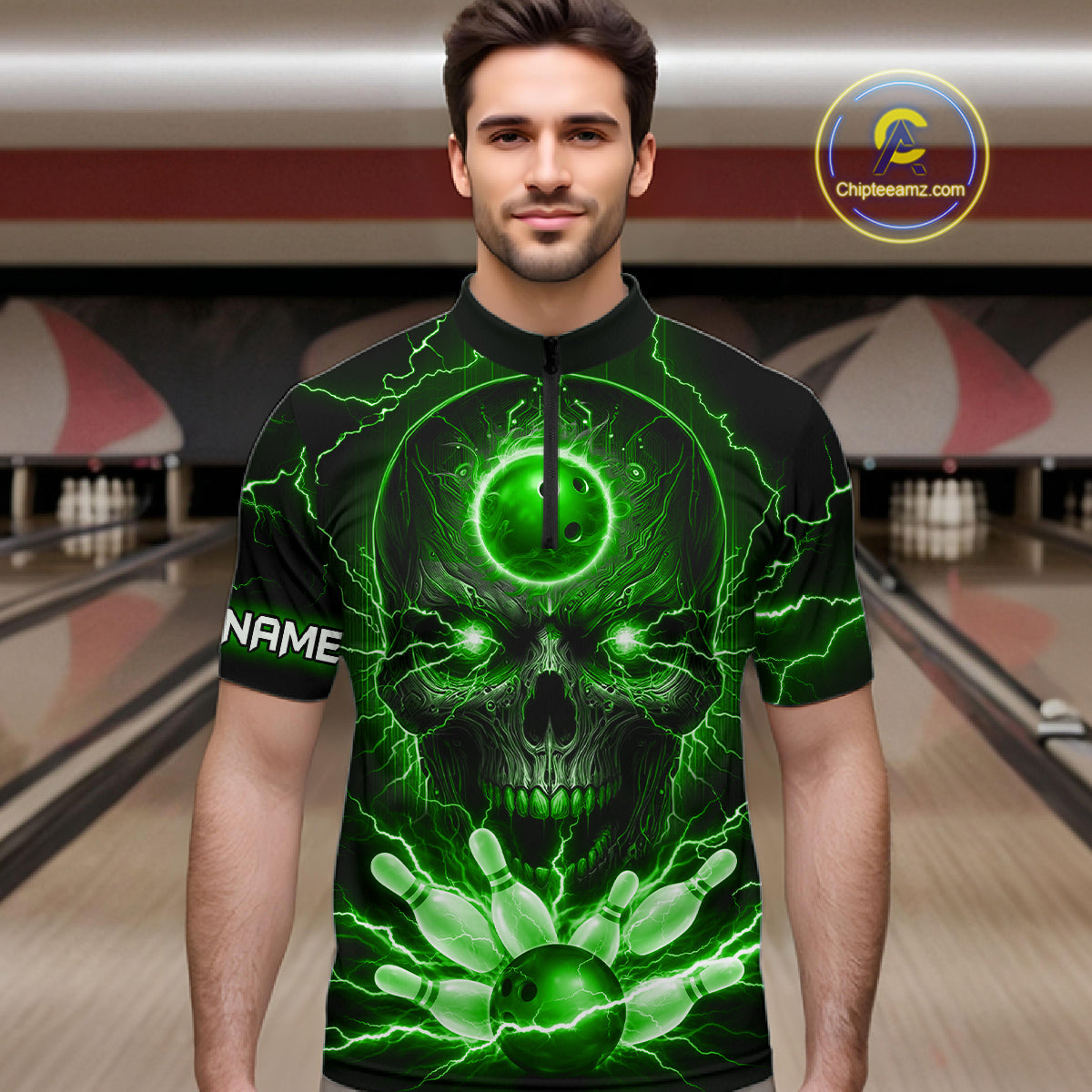 Personalized Lightning Skull Green Bowling Shirt For Men, Bowling Team Jersey Polo & 1/4 Zip TDM6160