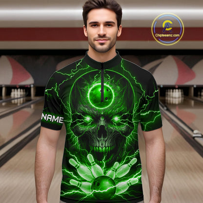 Personalized Lightning Skull Green Bowling Shirt For Men, Bowling Team Jersey Polo & 1/4 Zip TDM6160