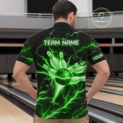 Personalized Lightning Skull Green Bowling Shirt For Men, Bowling Team Jersey Polo & 1/4 Zip TDM6160