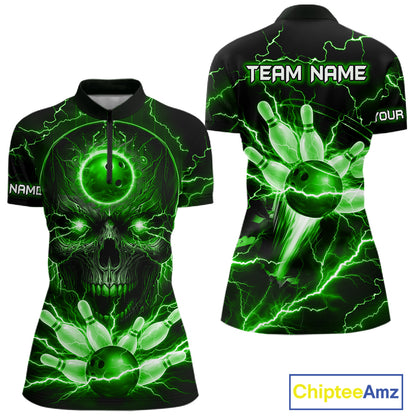Personalized Lightning Skull Green Bowling Shirt For Women, Bowling Team Jersey Polo & 1/4 Zip TDM6160