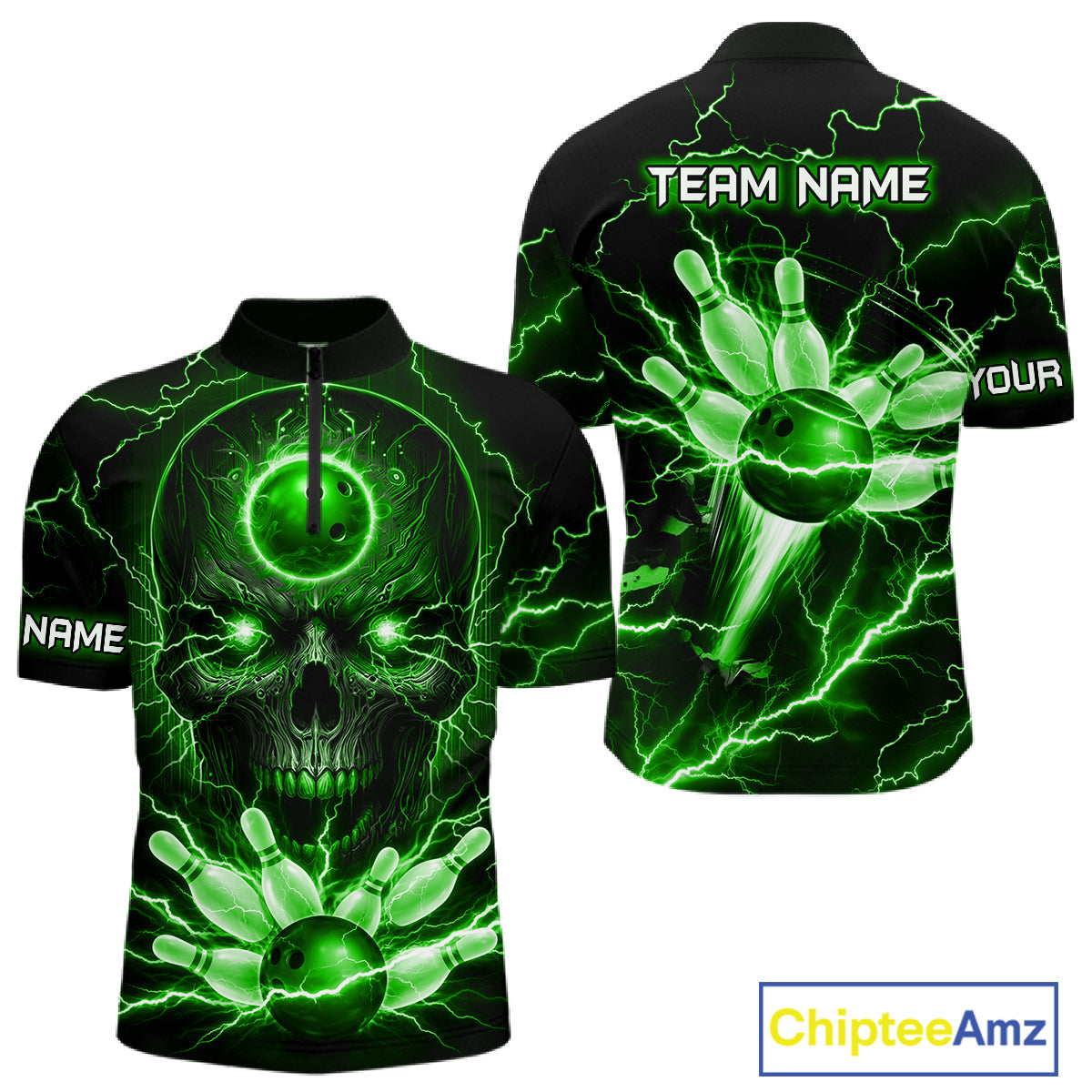 Personalized Lightning Skull Green Bowling Shirt For Men, Bowling Team Jersey Polo & 1/4 Zip TDM6160
