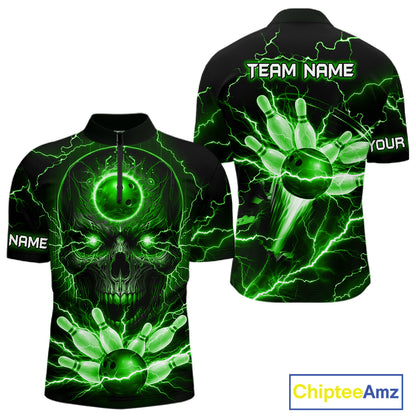 Personalized Lightning Skull Green Bowling Shirt For Men, Bowling Team Jersey Polo & 1/4 Zip TDM6160