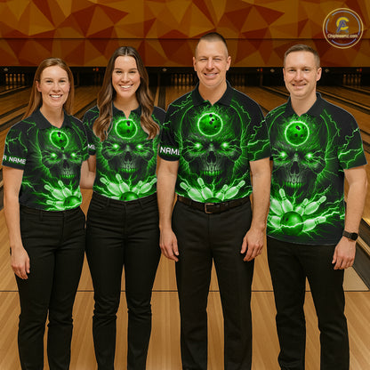 Personalized Lightning Skull Green Bowling Shirt For Men, Bowling Team Jersey Polo & 1/4 Zip TDM6160