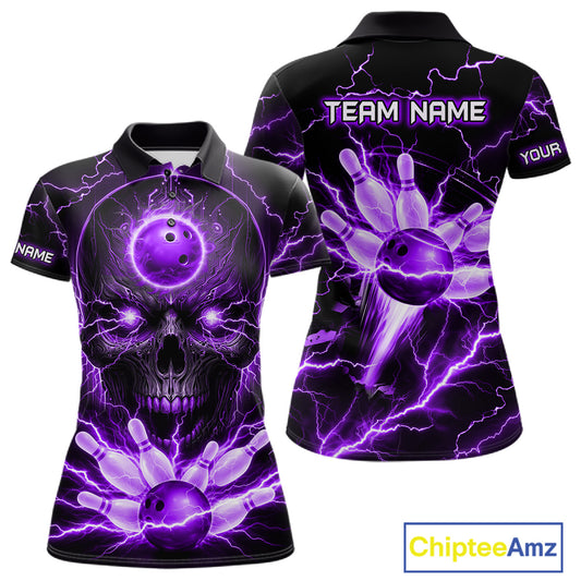 Personalized Lightning Skull Green Bowling Shirt For Women, Bowling Team Jersey Polo & 1/4 Zip TDM6161
