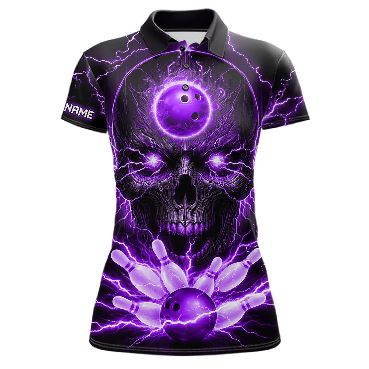 Personalized Lightning Skull Green Bowling Shirt For Women, Bowling Team Jersey Polo & 1/4 Zip TDM6161
