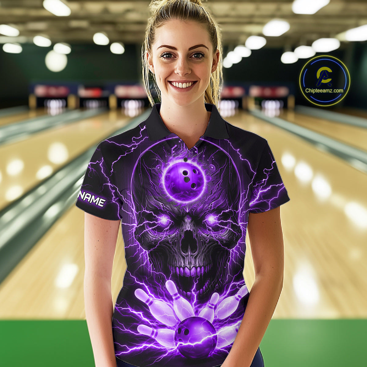 Personalized Lightning Skull Green Bowling Shirt For Women, Bowling Team Jersey Polo & 1/4 Zip TDM6161