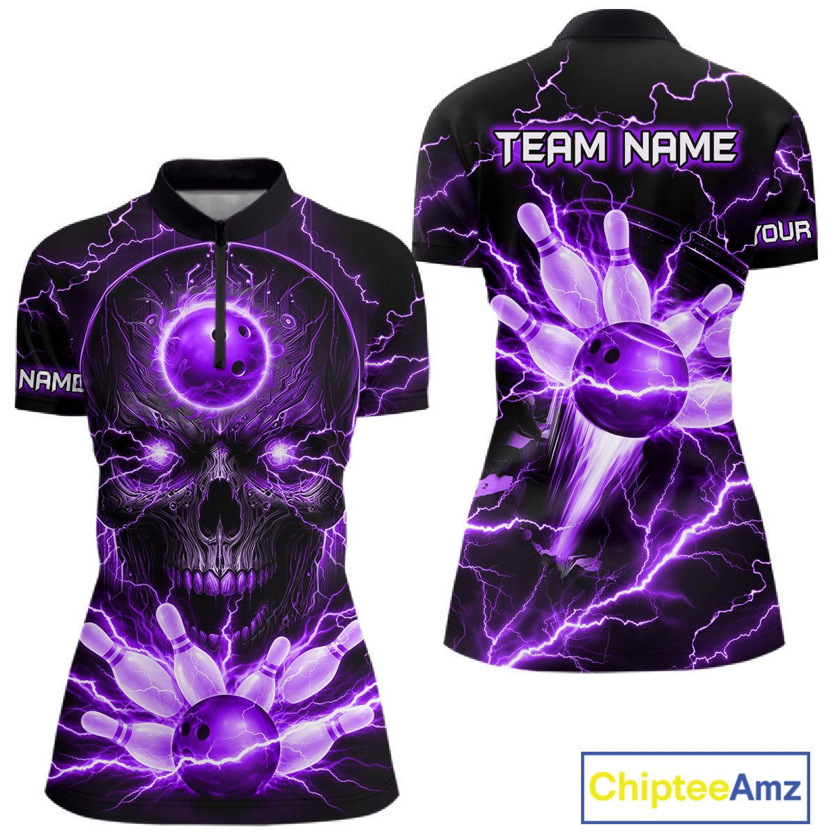 Personalized Lightning Skull Green Bowling Shirt For Women, Bowling Team Jersey Polo & 1/4 Zip TDM6161