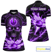 Load image into Gallery viewer, Personalized Lightning Skull Green Bowling Shirt For Women, Bowling Team Jersey Polo &amp; 1/4 Zip TDM6161