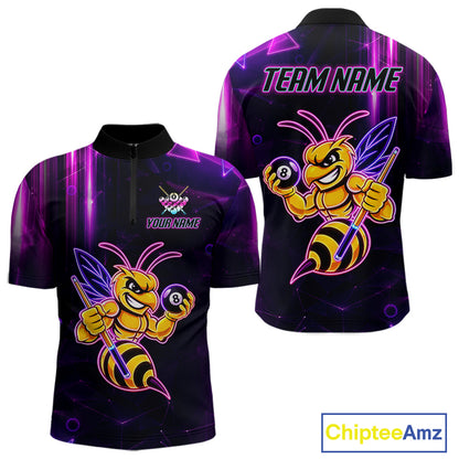 Neon funny bee 8 ball quarter zip billiard shirt for men, custom pool team jersey and tournament apparel.