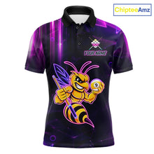 Load image into Gallery viewer, Neon funny bee 9 ball custom billiard polo shirt for men, personalized pool team jersey for tournaments.