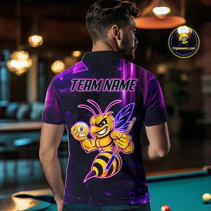 Back view of man wearing a neon funny bee 9 ball billiard team jersey, custom pool tournament shirt.