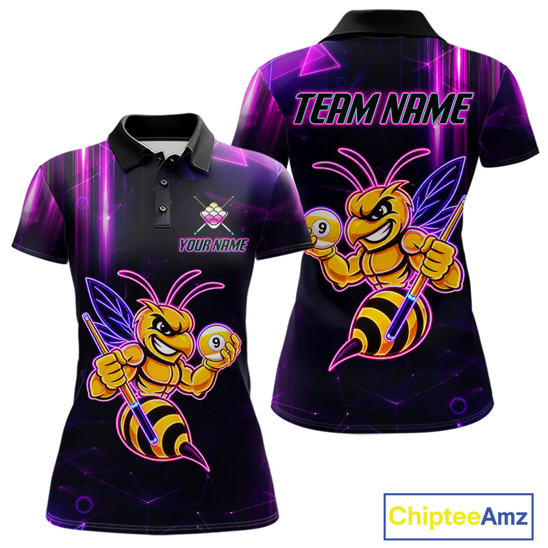 Neon funny bee 9 ball pool team polo shirt with custom billiard graphics, personalized billiard team jersey.