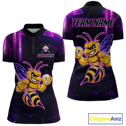 Neon funny bee 9 ball quarter zip billiard shirt for women, custom pool team jersey and tournament apparel.