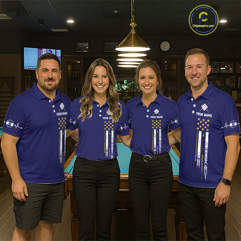 Customized Navy Blue American Flag Billiard Shirt For Women, 9 Ball Pool Team Jersey Polo & 1/4 Zip TDM6587