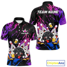Load image into Gallery viewer, Bowling-themed polo shirt with cartoon bowling pins and a black bowling ball, on a black and purple splatter pattern.