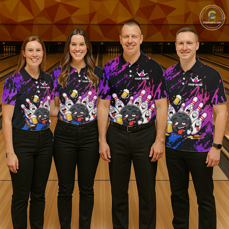 Custom Blue Purple Drunk Bowling Balls And Pins Funny Bowling Shirts For Women, Beer Bowling Jersey TDM6596