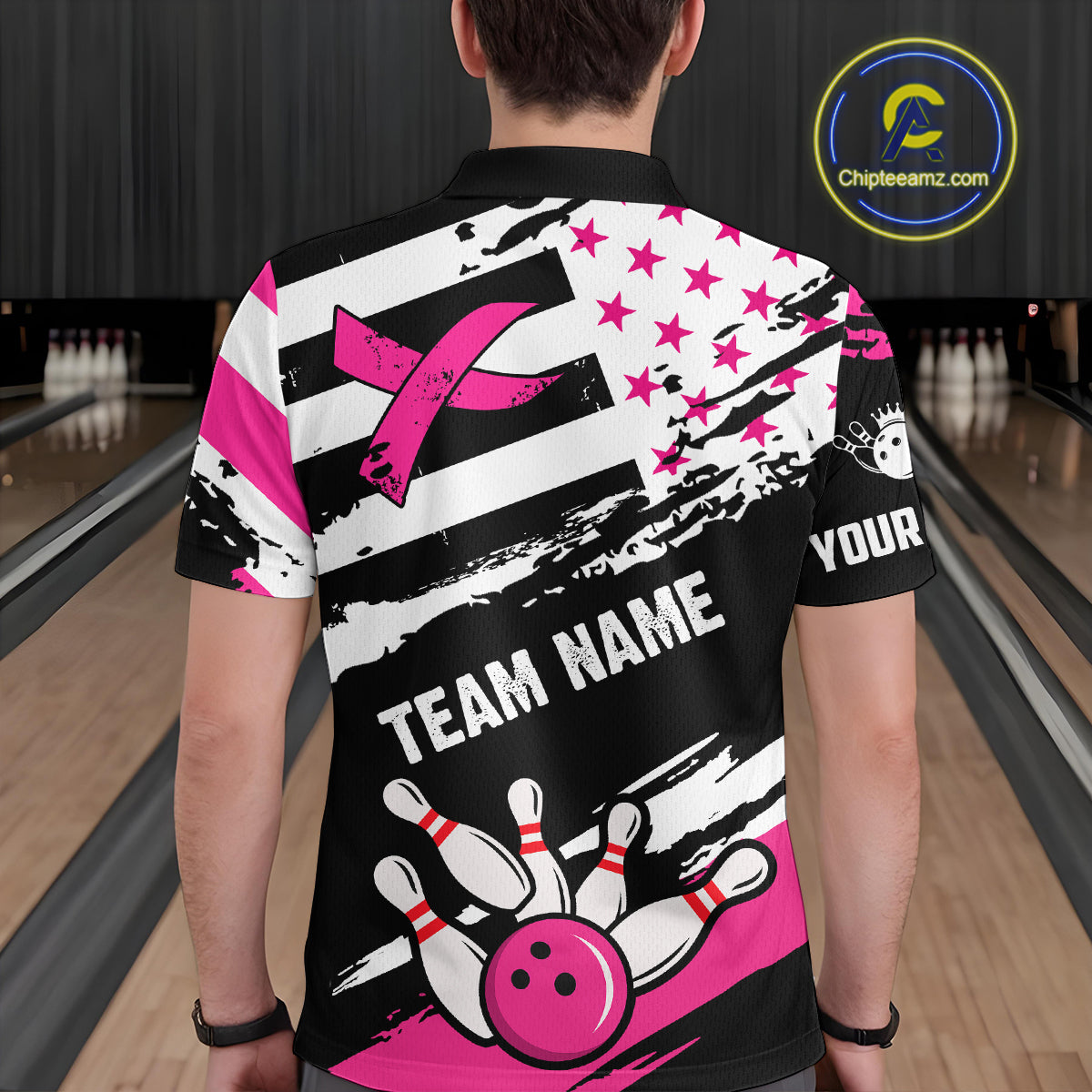 Breast Cancer Awareness American Flag Bowling Shirt For Men Custom Pink Ribbon Bowling Team Jersey TDM4655