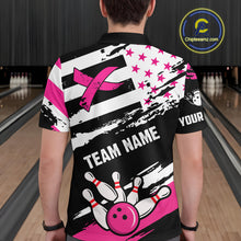 Load image into Gallery viewer, Breast Cancer Awareness American Flag Bowling Shirt For Men Custom Pink Ribbon Bowling Team Jersey TDM4655