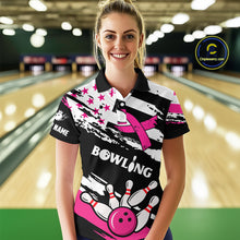 Load image into Gallery viewer, Breast Cancer Awareness American Flag Bowling Shirt For Women Custom Pink Ribbon Bowling Team Jersey TDM4655