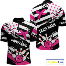 Load image into Gallery viewer, Breast Cancer Awareness American Flag Bowling Shirt For Men Custom Pink Ribbon Bowling Team Jersey TDM4655