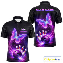 Load image into Gallery viewer, Black polo shirt with butterfly and bowling design, customizable your name &amp; team name