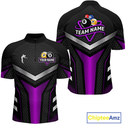 Personalized Billiard 8 Ball & 9 Ball Pool Polo, 1/4 Zip For Men Custom Team Billiard Jersey|Purple TDM4254
