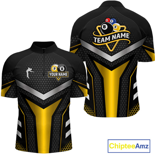 Personalized Billiard 8 Ball & 9 Ball Pool Polo, 1/4 Zip For Men Custom Team Billiard Jersey|Yellow TDM4255