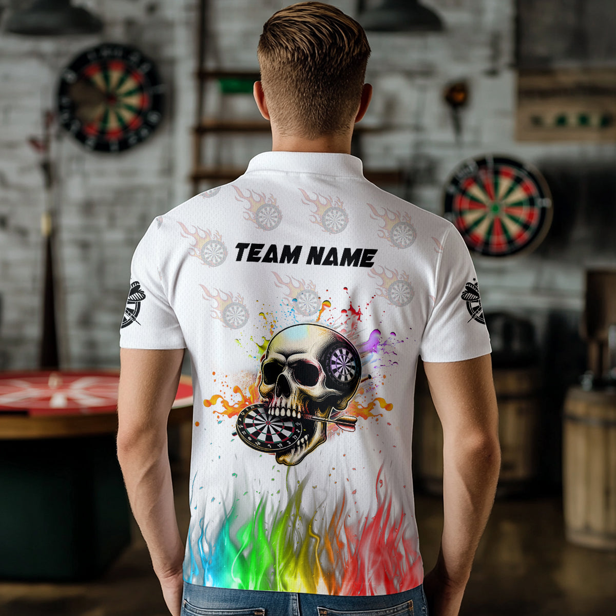 Personalized Funny 3D Darts Skull Colorful Fire Darts Shirts For Men Custom Dart Team Jerseys | White TDM2593