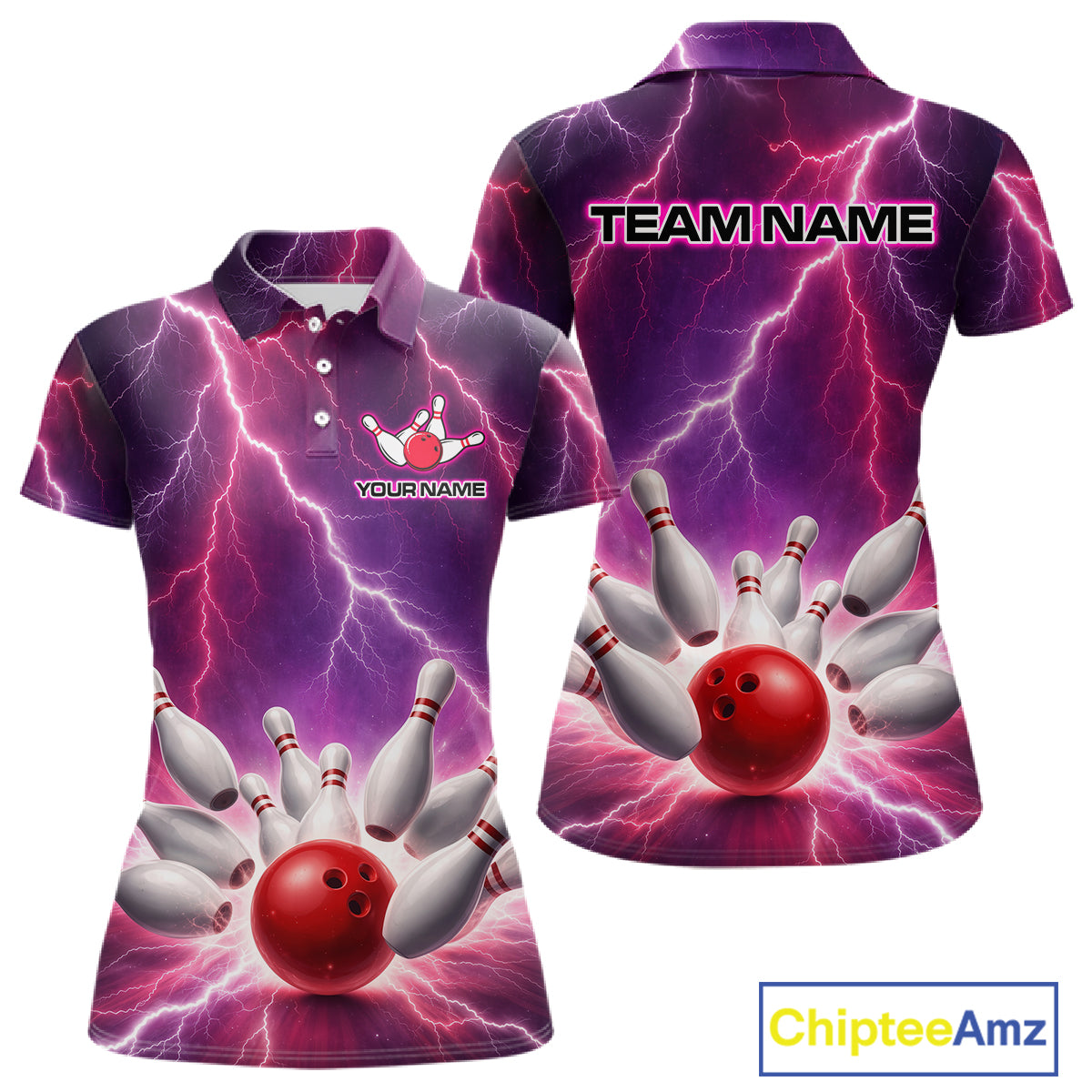 Custom Thunder Lightning Red & Purple Bowling Shirt For Women, Bowling Team Jersey Polo & 1/4 Zip TDM6189