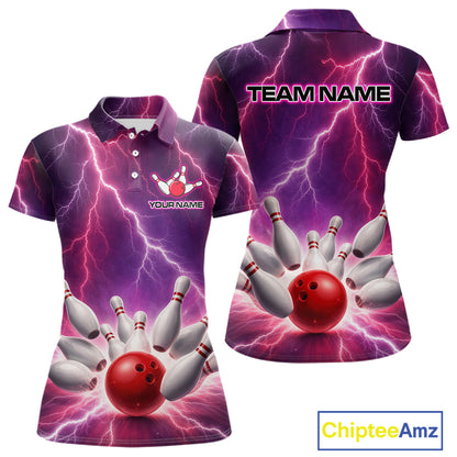Custom Thunder Lightning Red & Purple Bowling Shirt For Women, Bowling Team Jersey Polo & 1/4 Zip TDM6189