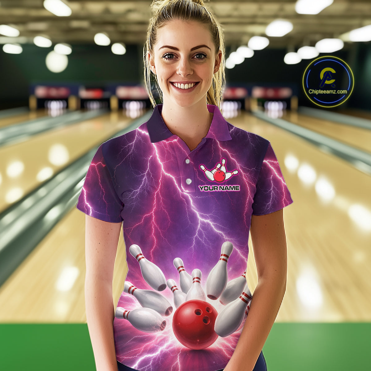 Custom Thunder Lightning Red & Purple Bowling Shirt For Women, Bowling Team Jersey Polo & 1/4 Zip TDM6189