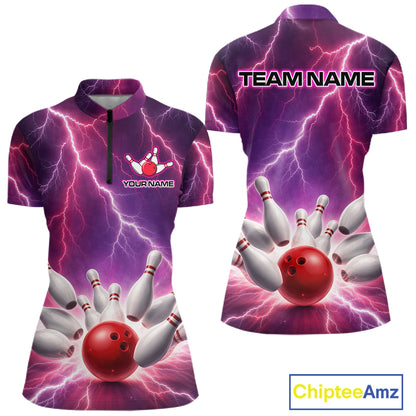 Custom Thunder Lightning Red & Purple Bowling Shirt For Women, Bowling Team Jersey Polo & 1/4 Zip TDM6189
