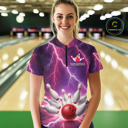 Custom Thunder Lightning Red & Purple Bowling Shirt For Women, Bowling Team Jersey Polo & 1/4 Zip TDM6189