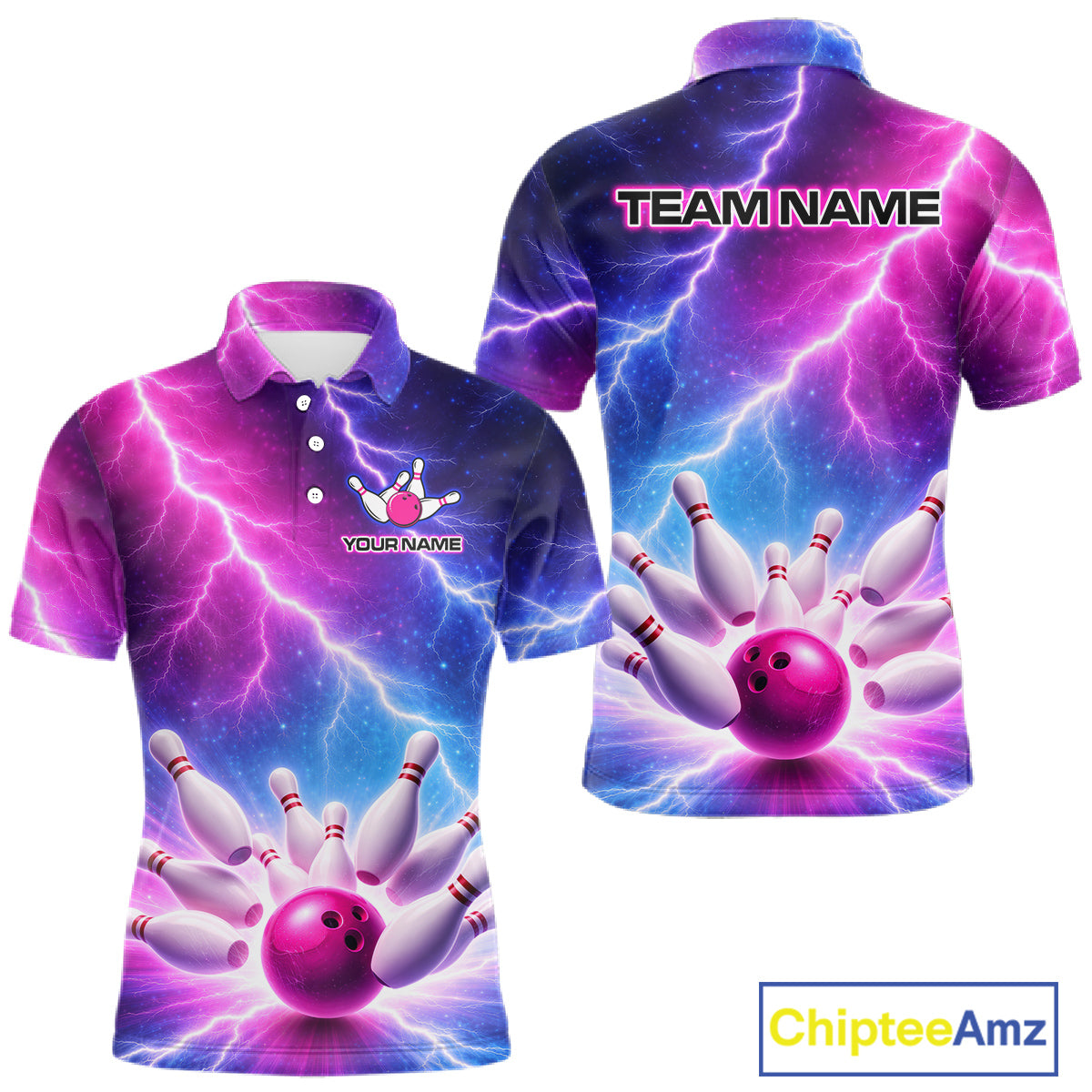 Custom Thunder Lightning Blue And Pink Bowling Shirt For Men, Bowling Team Jersey Polo & 1/4 Zip TDM6190