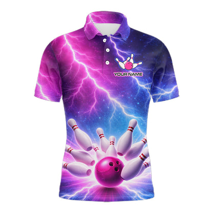 Custom Thunder Lightning Blue And Pink Bowling Shirt For Men, Bowling Team Jersey Polo & 1/4 Zip TDM6190