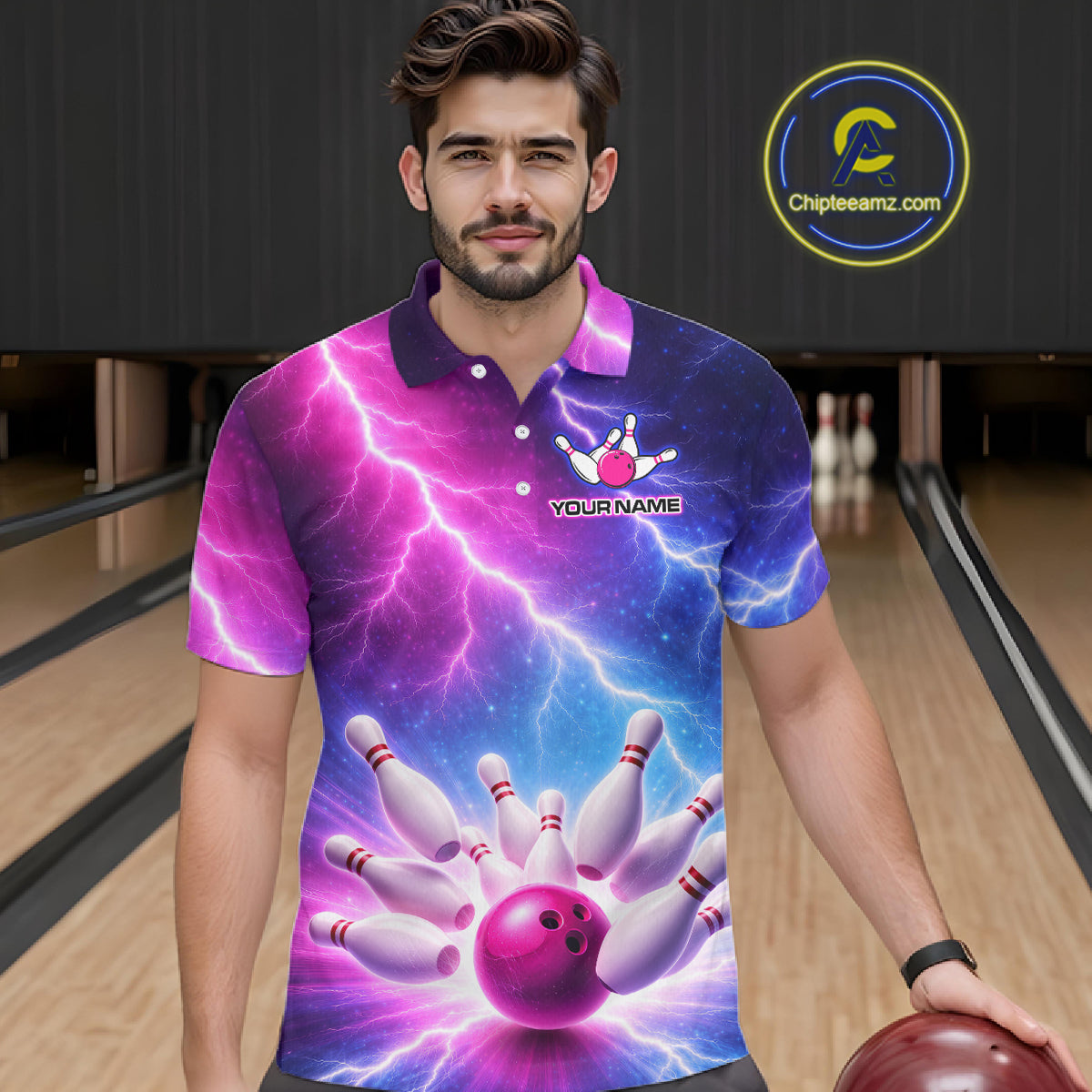 Custom Thunder Lightning Blue And Pink Bowling Shirt For Men, Bowling Team Jersey Polo & 1/4 Zip TDM6190