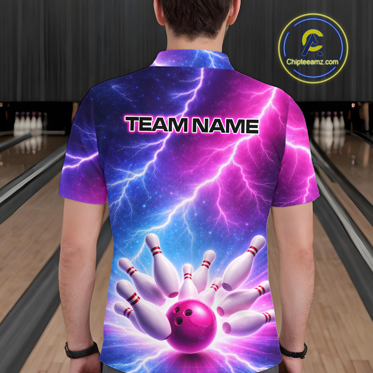 Custom Thunder Lightning Blue And Pink Bowling Shirt For Men, Bowling Team Jersey Polo & 1/4 Zip TDM6190