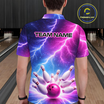 Custom Thunder Lightning Blue And Pink Bowling Shirt For Men, Bowling Team Jersey Polo & 1/4 Zip TDM6190